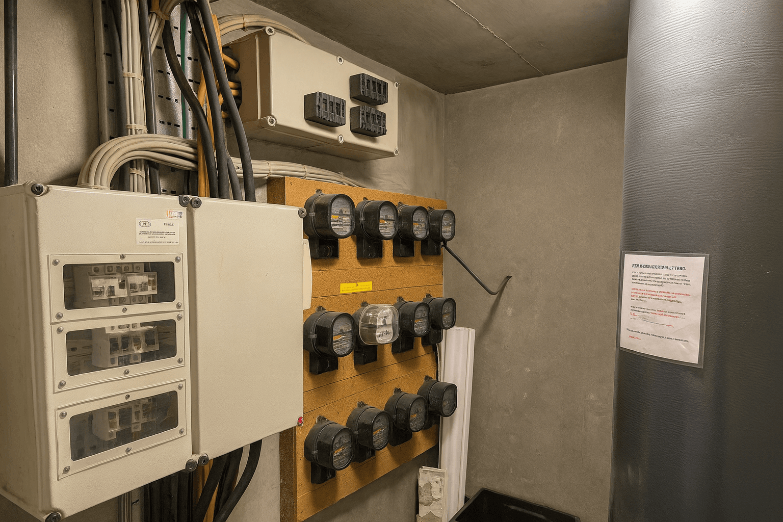An old wall-mounted meter board in a plant room
